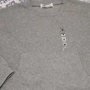 Roma Concept Gray Long Sleeve Kangaroo Pocket Crop Pullover Sweater XL